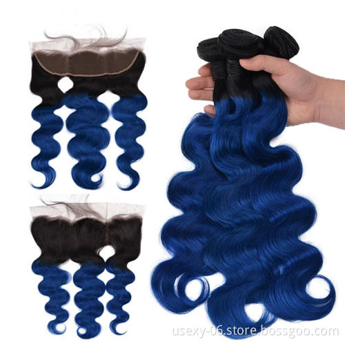 Ombre Remy Hair Brazilian Hair Extension Two Tone Color 1B/Blue Body Wave 13*4 Swiss Lace Frontal